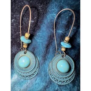 EARRINGS Dangle Drop Turquoise Brass 2.25”L.
